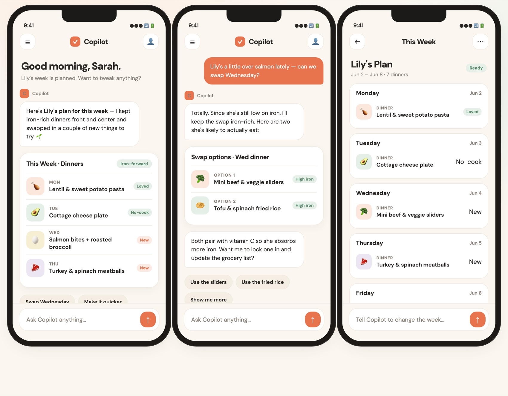 Meal-planning copilot: the morning plan, a swap suggestion, and the week view